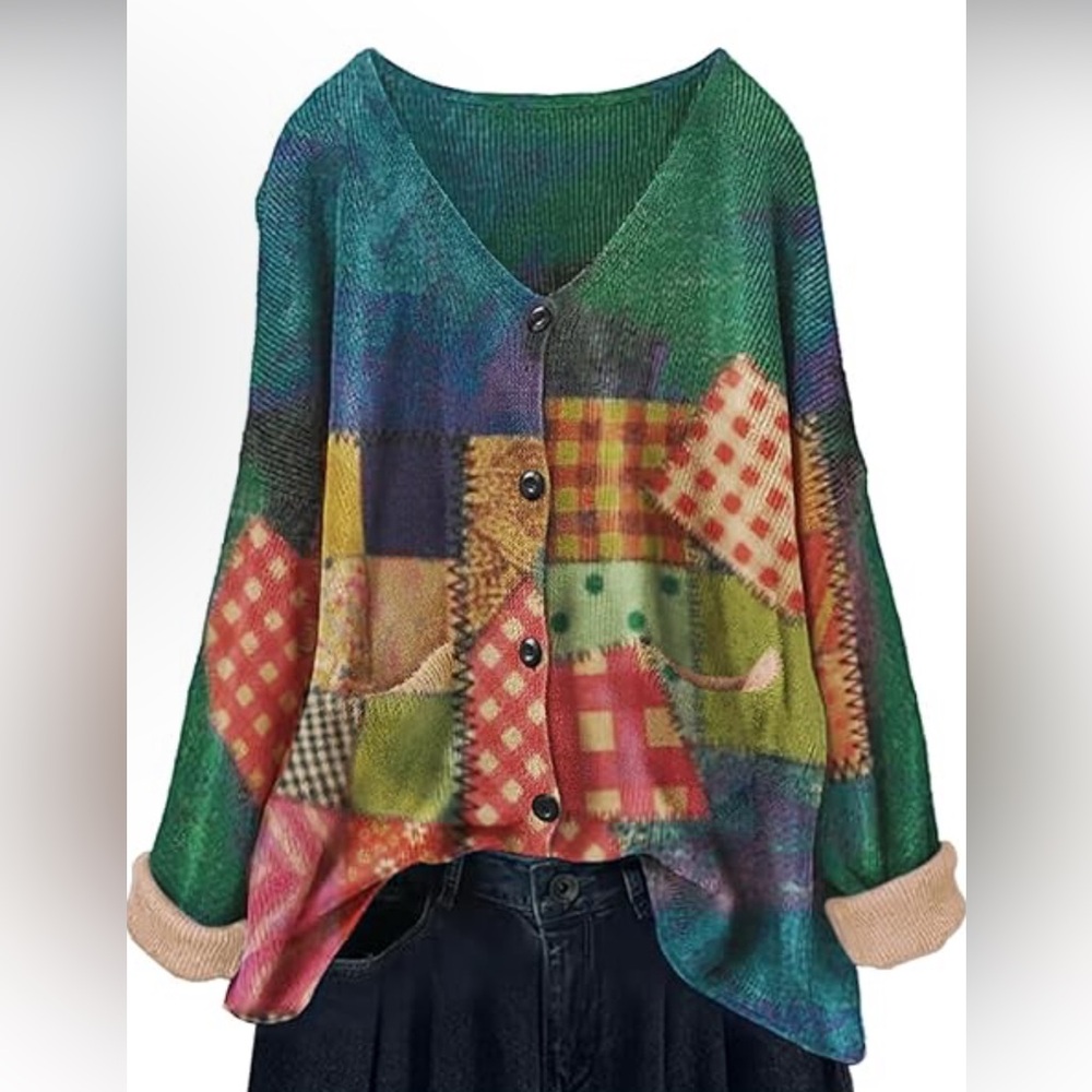 Vibrant Patchwork Cardigan Sweater 3XL